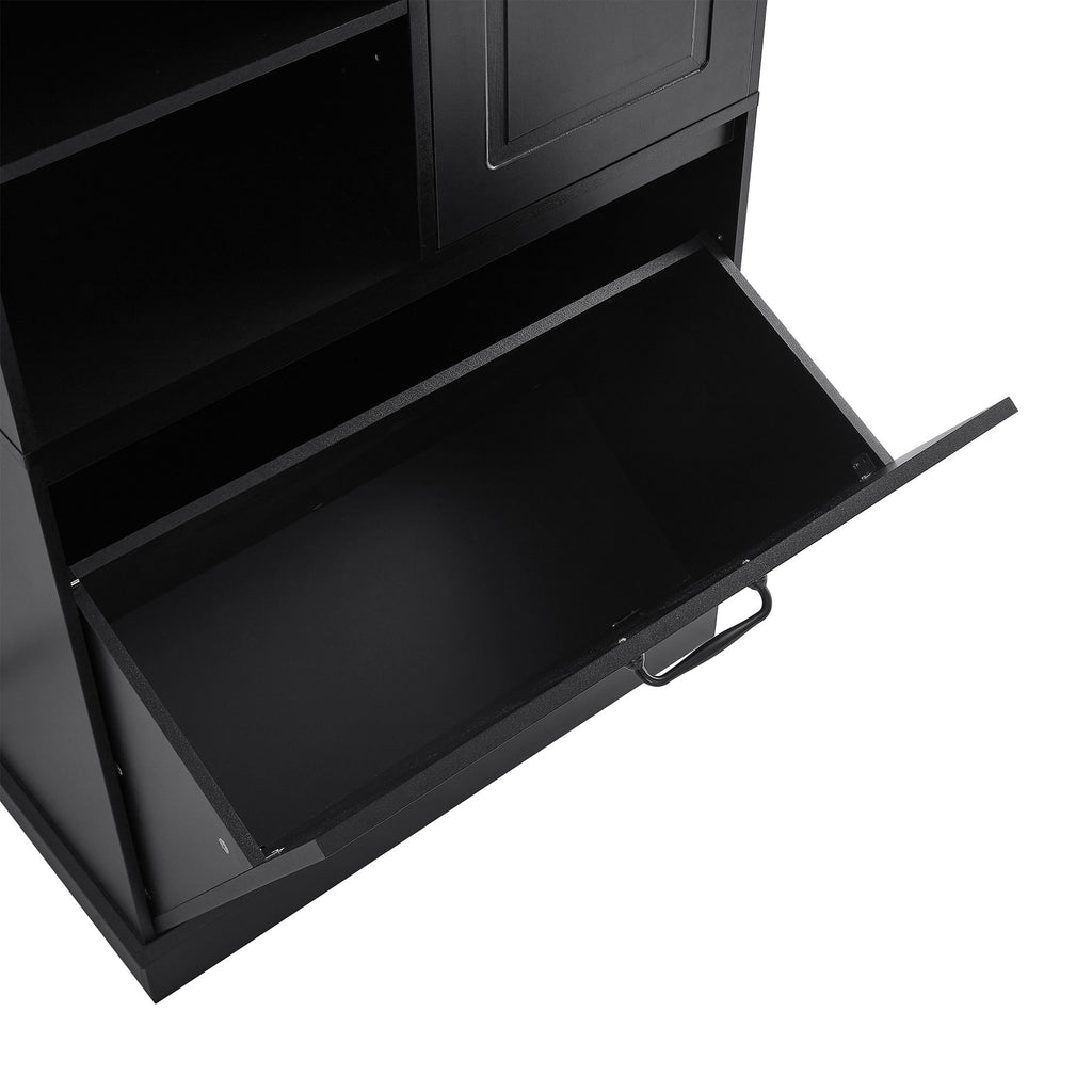 Modern Tall Storage Cabinet With Adjustable Shelves, Flip-Out Basket & Enclosed Doors
