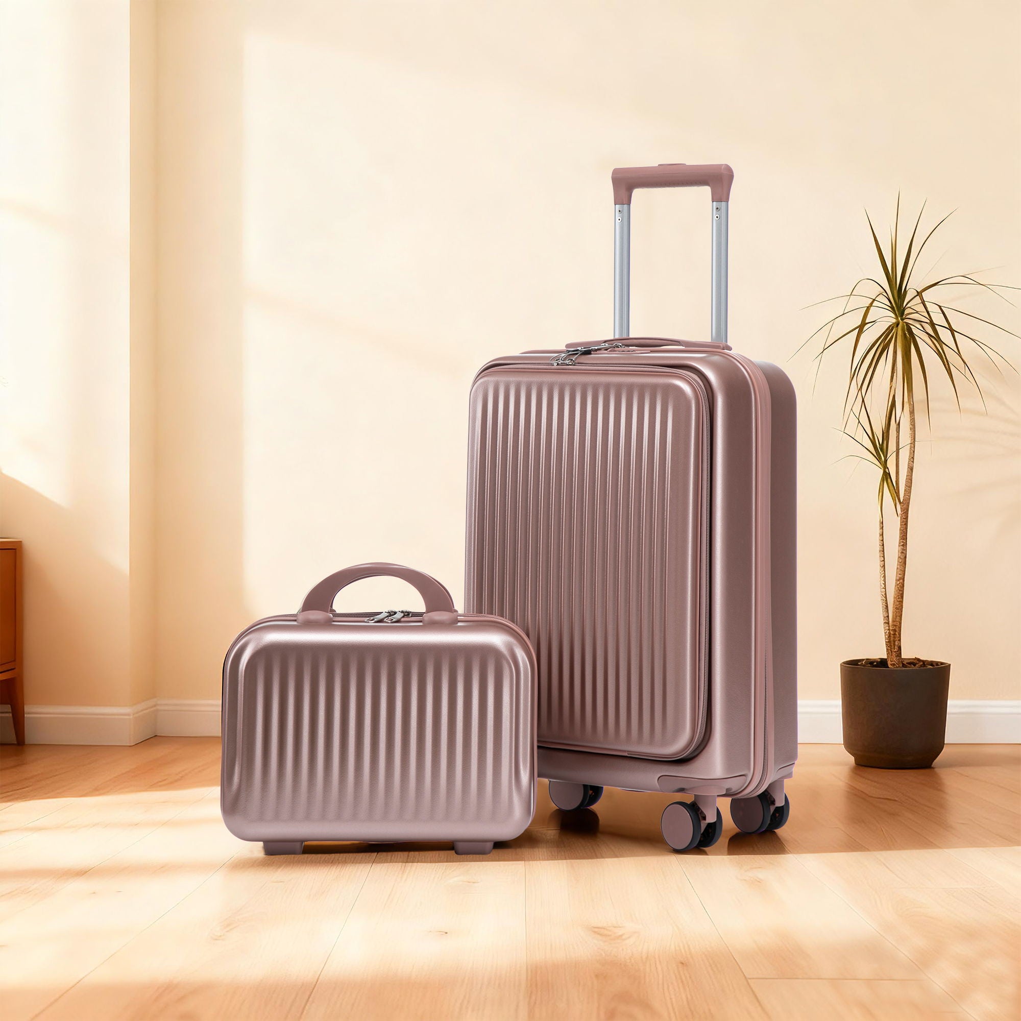 Luggage Set With Cosmetic Case, Combination Lock, Front Opening Design