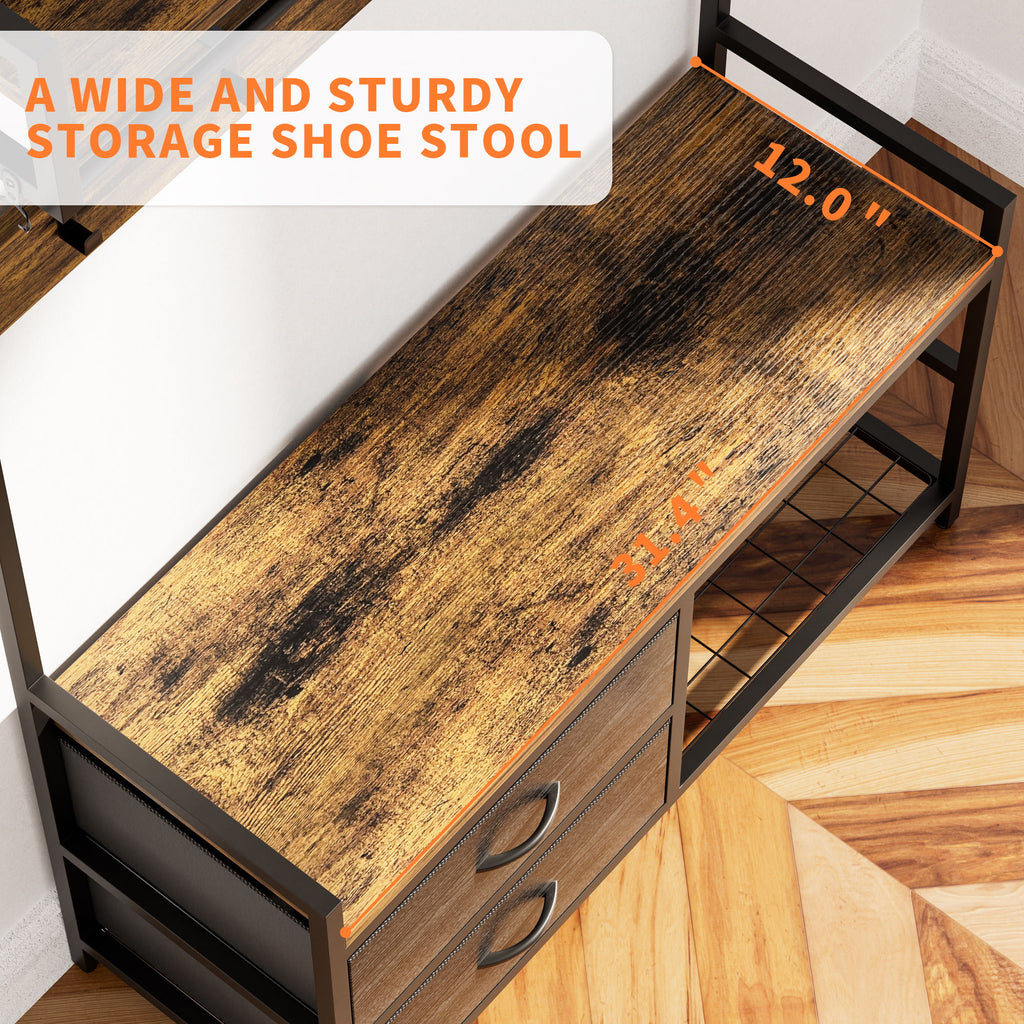 Hall Tree With 2 Movable Drawers, Shoe Storage, Shelves, Garment Racks, And 23 Hooks For Entryway - Rustic Brown