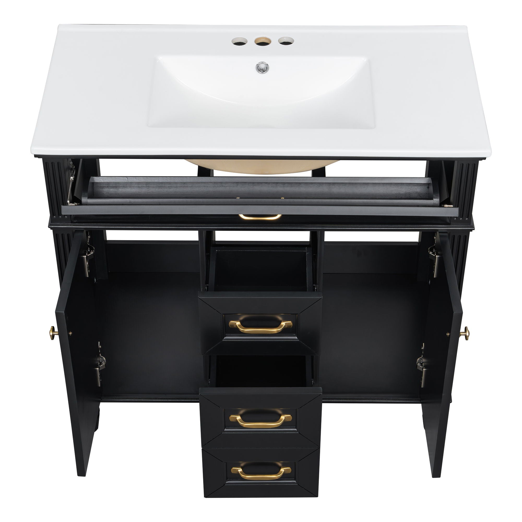 Bathroom Vanity With Sink, Flip-Out Top Drawer, Soft Close Doors, 2 Storage Drawers