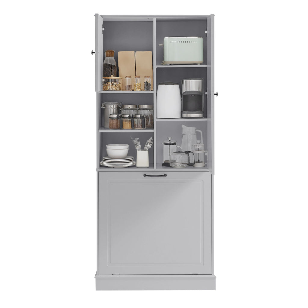 Modern Tall Storage Cabinet With Adjustable Shelves, Flip-Out Basket & Enclosed Doors