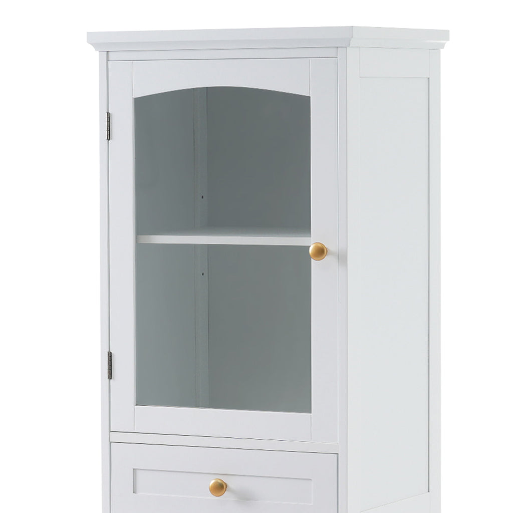 Tall Bathroom Storage Cabinet With Glass Doors, Free-Standing, Two Drawers, And Adjustable Shelves, Board, Painted Perfect For Displaying Your Favorite Items
