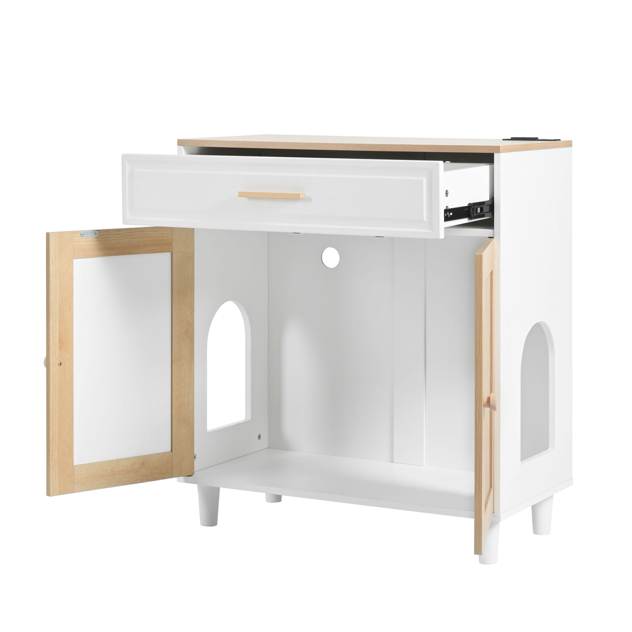 Pet Friendly Furniture Style Cat Litter Box House With Sisal Scratching Door And Charging Socket - Beige / White