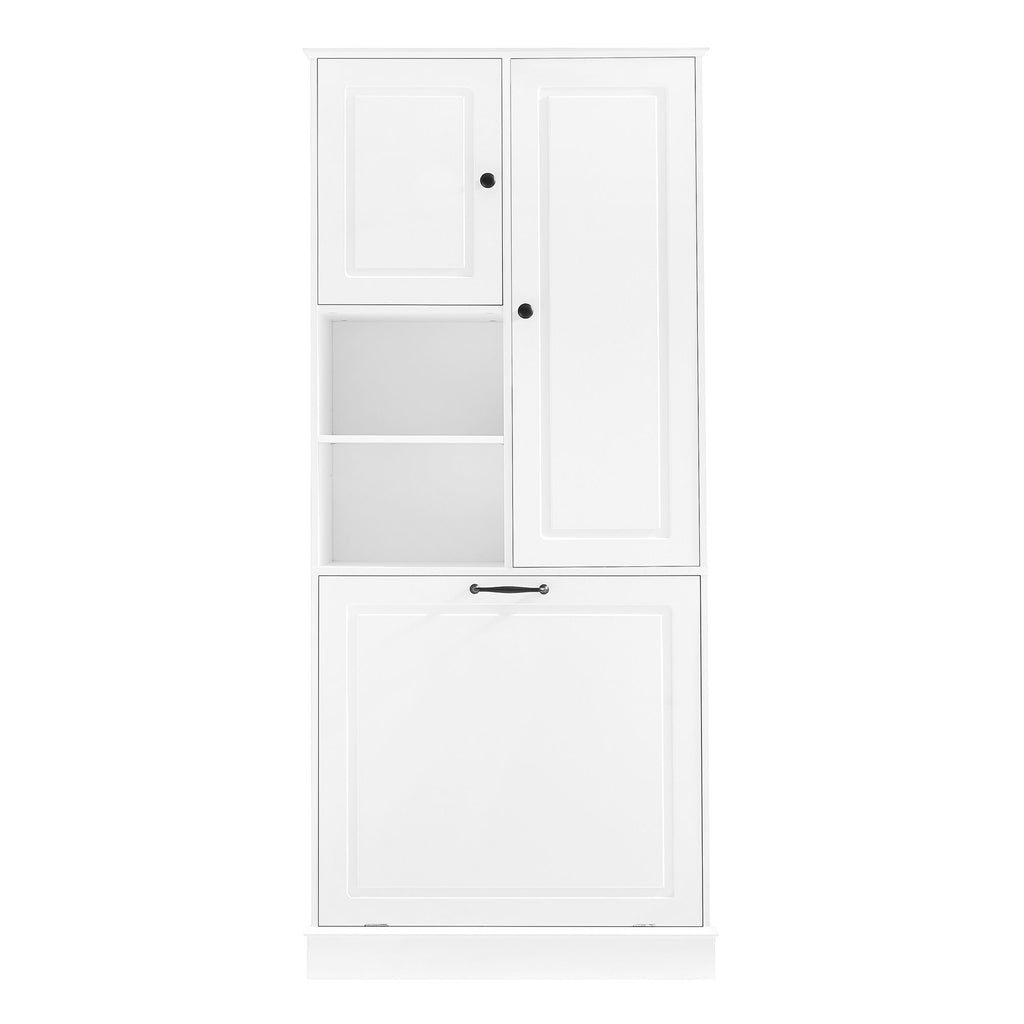 Modern Tall Storage Cabinet With Adjustable Shelves, Flip-Out Basket & Enclosed Doors