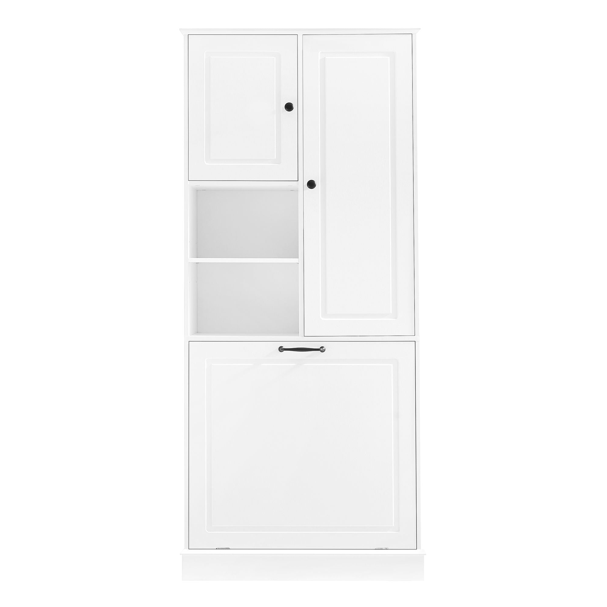 Modern Tall Storage Cabinet With Adjustable Shelves, Flip-Out Basket & Enclosed Doors