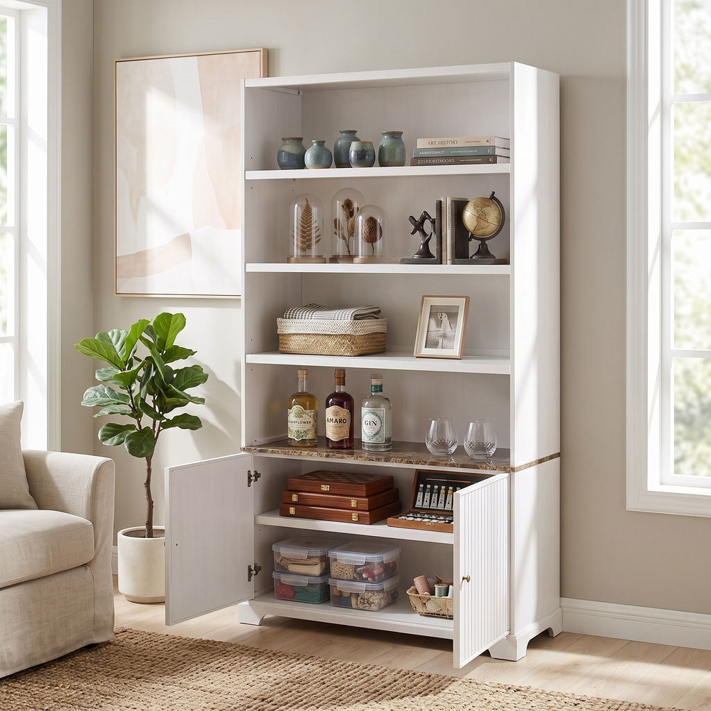 Tall Bookcase Storage Cabinet With 3 Open Shelves & Fluted Double Doors