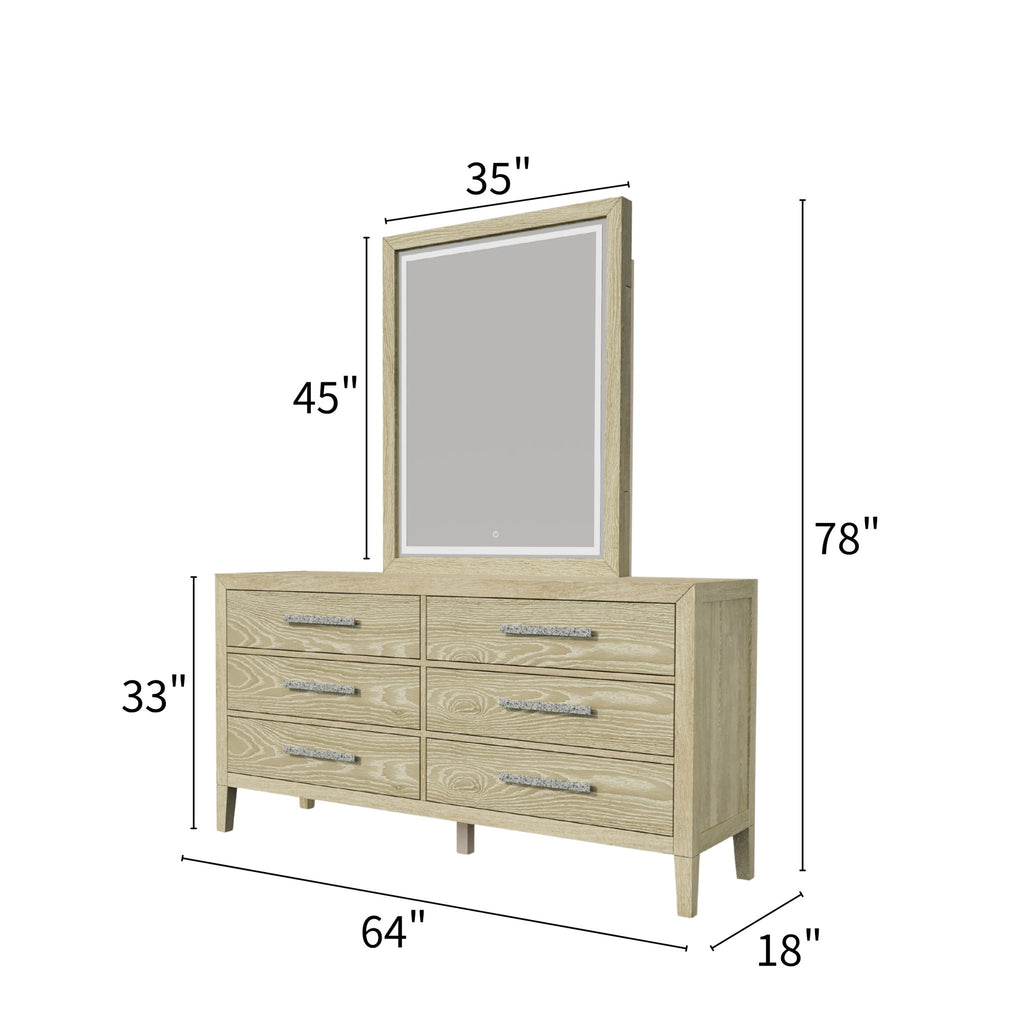 Adeline - 6 Drawers Dresser & Mirror With Jewelry Box & LED Light - Natural Wood Wash