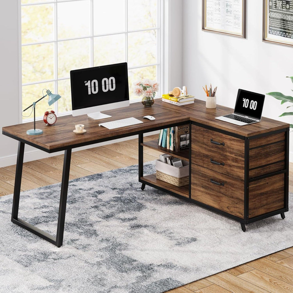 L-Shaped Computer Desk With 3 Drawers And Storage Shelves, Reversible Corner Workstation For Small Rooms - Brown / Black