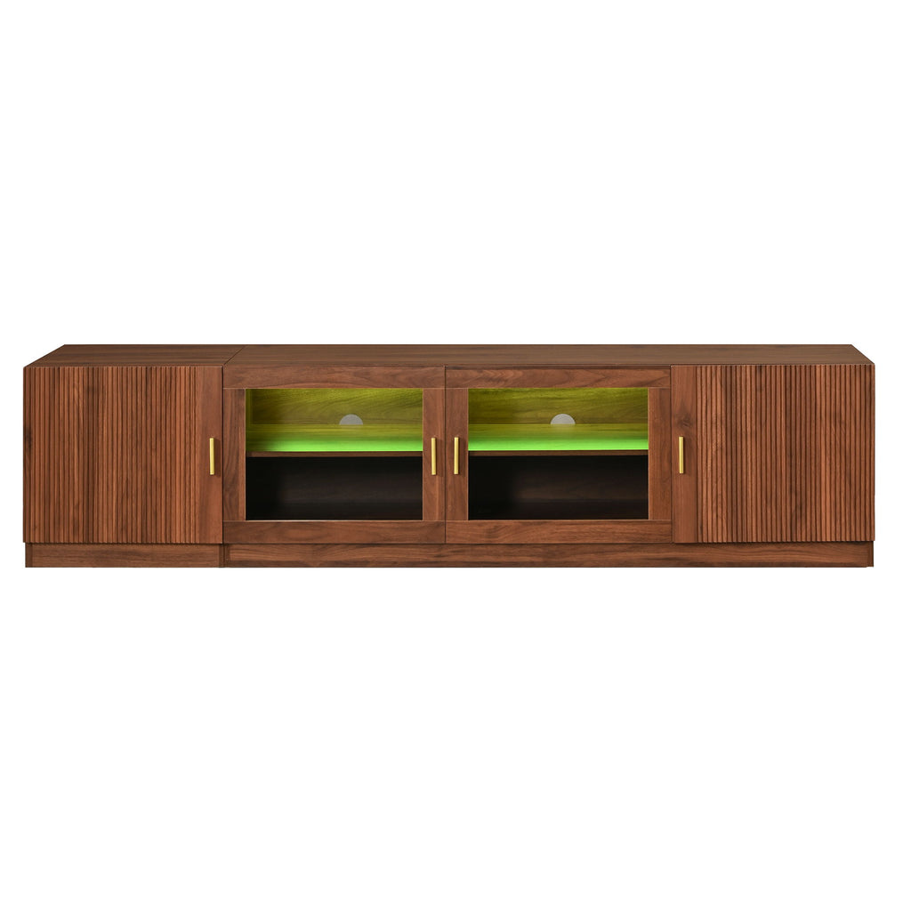TV Stand, Media Console With Glass Doors And LED Lights, Adjustable Shelf Storage - Walnut