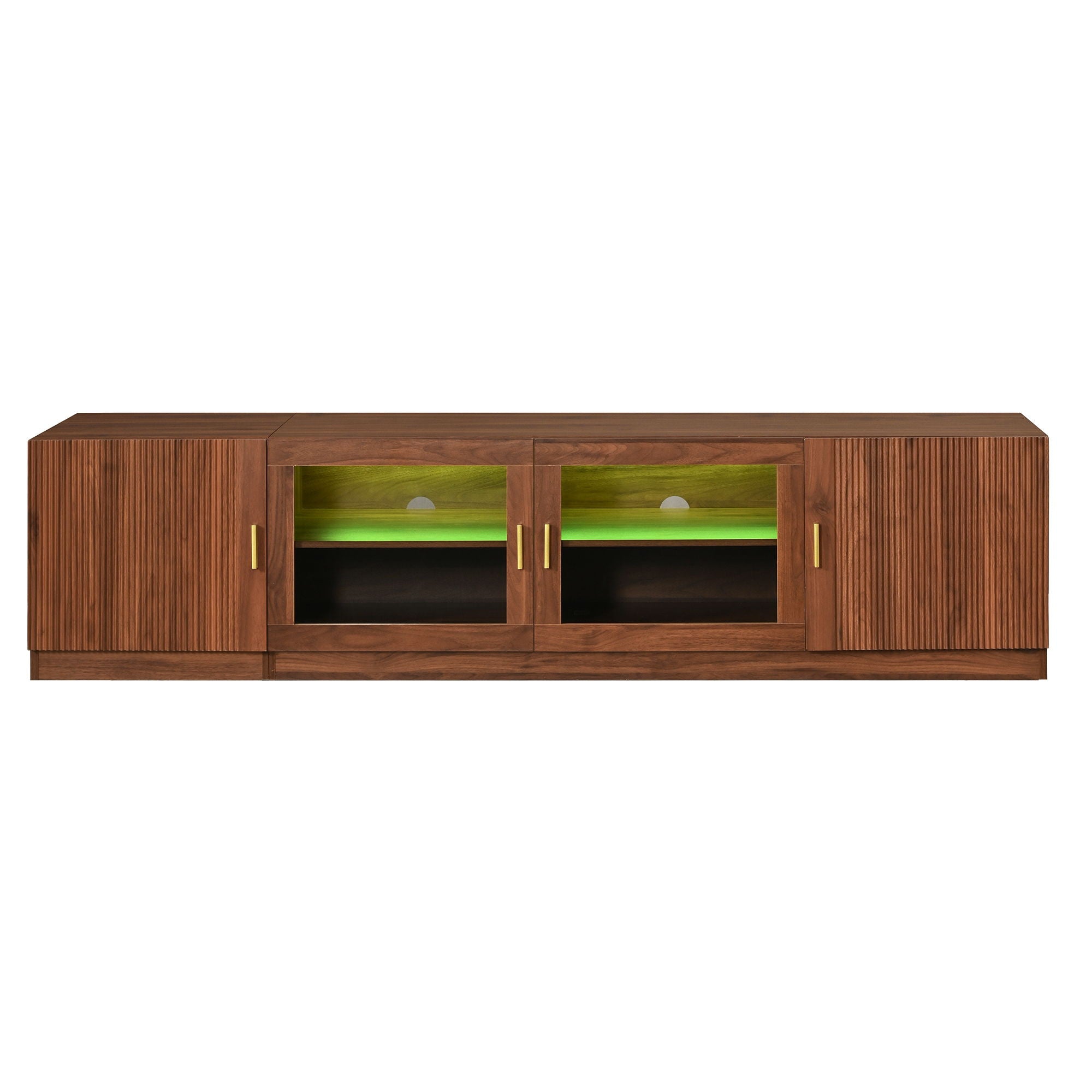 TV Stand, Media Console With Glass Doors And LED Lights, Adjustable Shelf Storage - Walnut