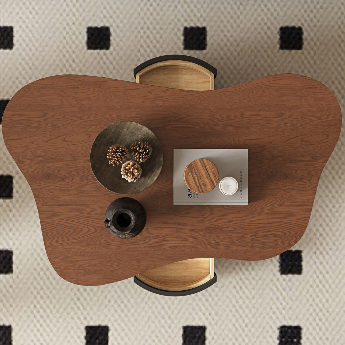 Cloud Coffee Table With 2 Drawers & Multi Layer Storage - Dark Walnut / Matt Black