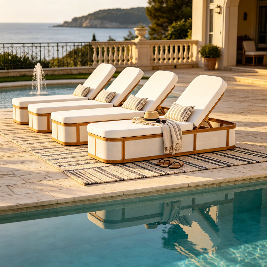Chaise Lounge Set With 2 Fold Cushion, 3 Position Backrest - Beige / Cream / Teak