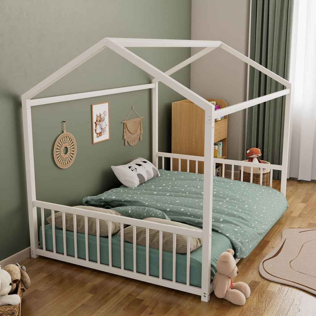 Montessori Style Floor House Shaped Bed With Safety Guardrails