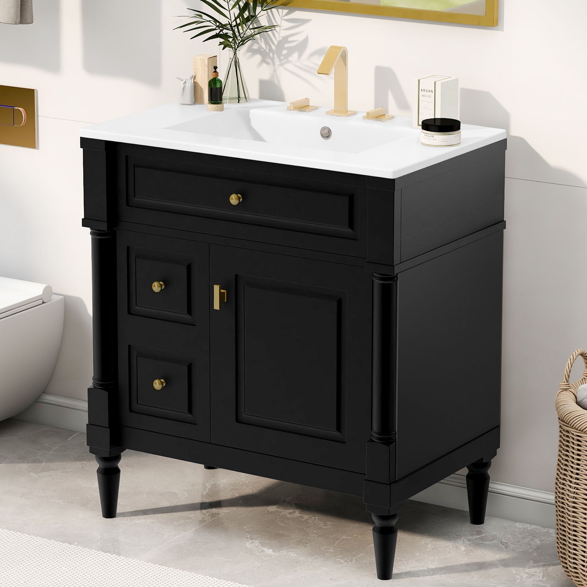 Modern Bathroom Vanity With Sink, Freestanding Cabinet With Flip Drawer & Adjustable Shelf