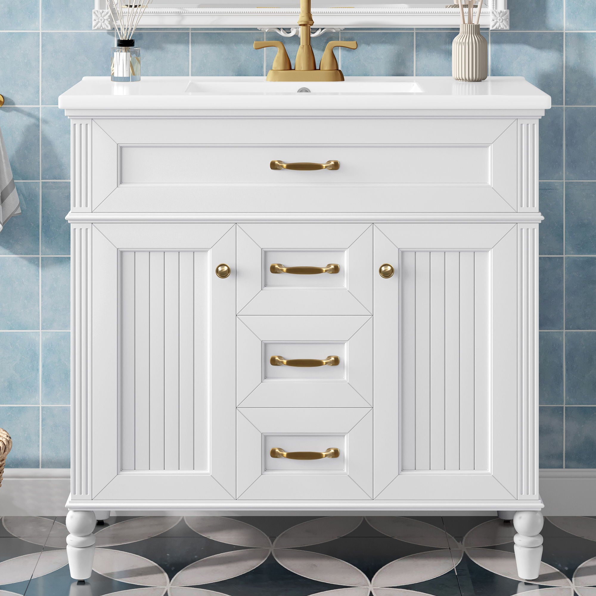 Bathroom Vanity With Sink, Flip-Out Top Drawer, Soft Close Doors, 2 Storage Drawers