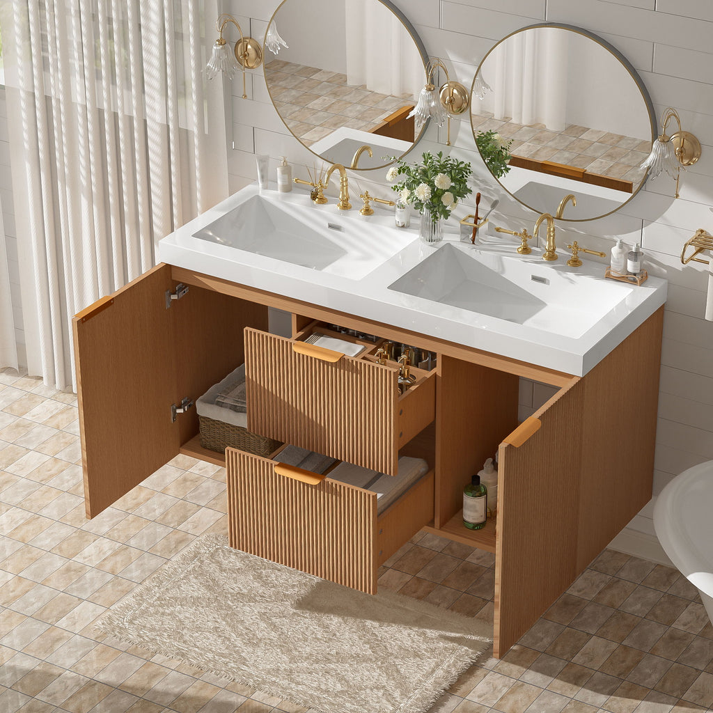 Double Sink Bathroom Vanity, Cabinet, Soft Close Doors, Divided Drawers, Wall Mounted Storage - Wood