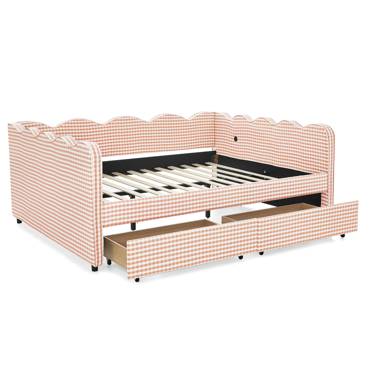 Queen Size Gingham Daybed With 2 Storage Drawers, USB Port, Wave-Shaped Design - Pink