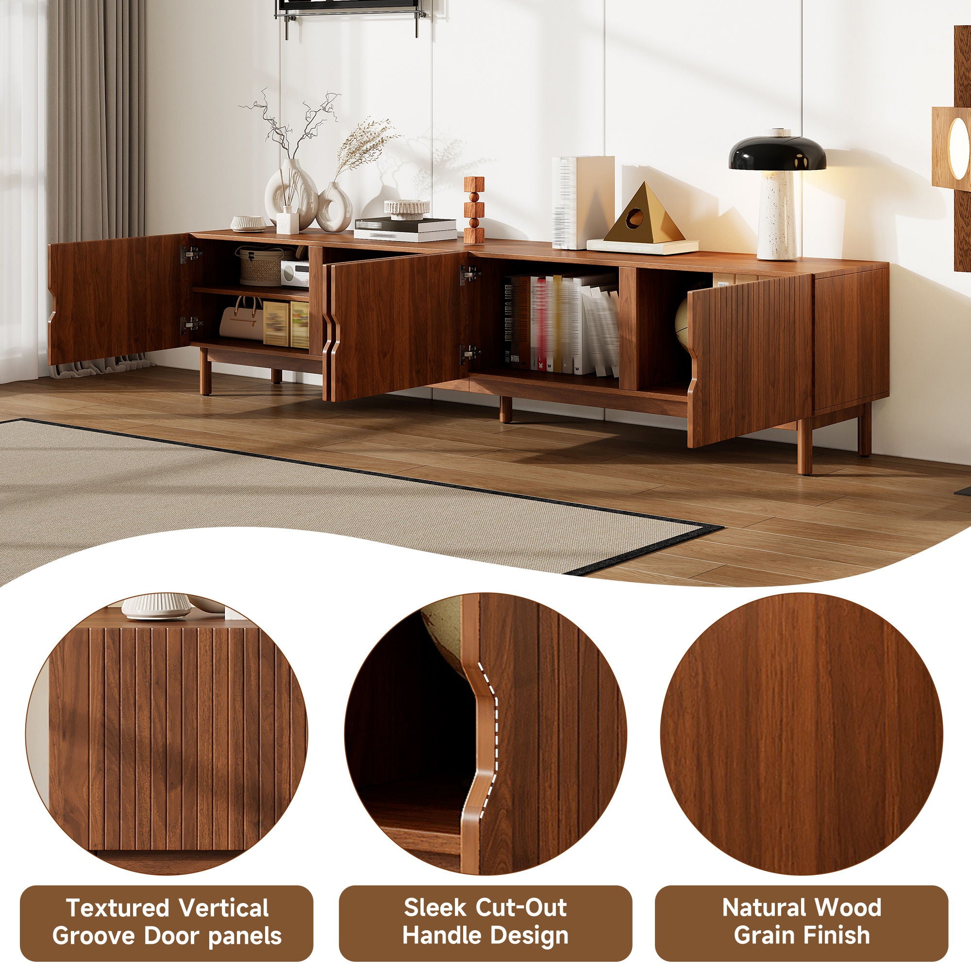 TV Stand With Legs, Media Console, 4 Cabinets For Living Room - Natural Wood