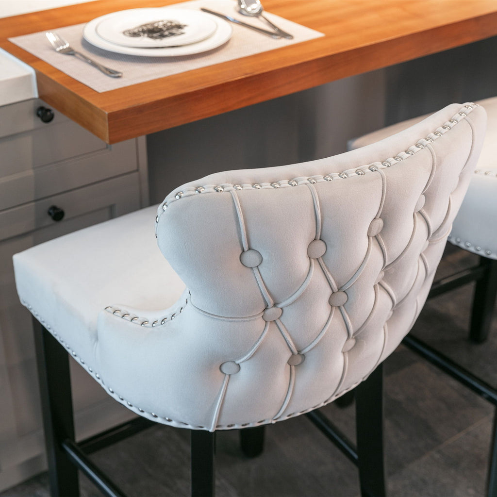 Contemporary Upholstered Wing-Back Barstools With Button Tufted Decoration And Wooden Legs, And Nailhead Trim, Leisure Style Bar Chairs, Bar Stools (Set of 2)