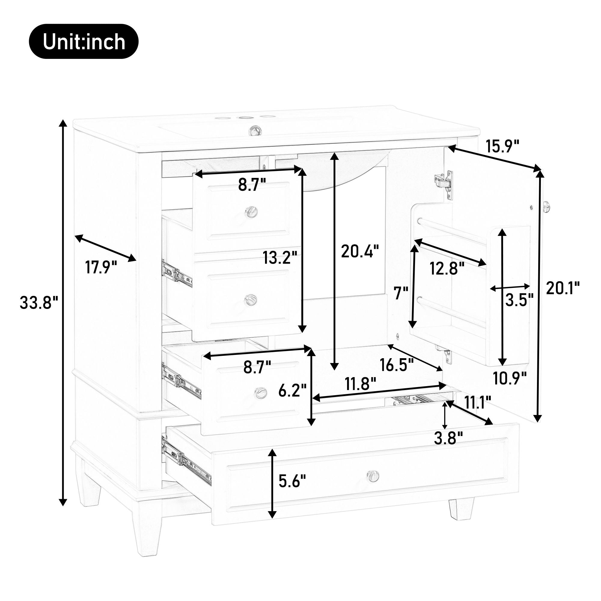 Freestanding Bathroom Vanity With Sink, Soft Close Door, 3 Drawers