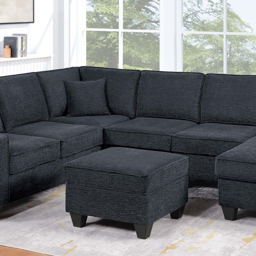 5 Piece Sectional Set With USB Port Left Arm Loveseat Chaise Right Arm Loveseat Corner Wedge Armless Chair Ottoman Upholstered - Black / Slate