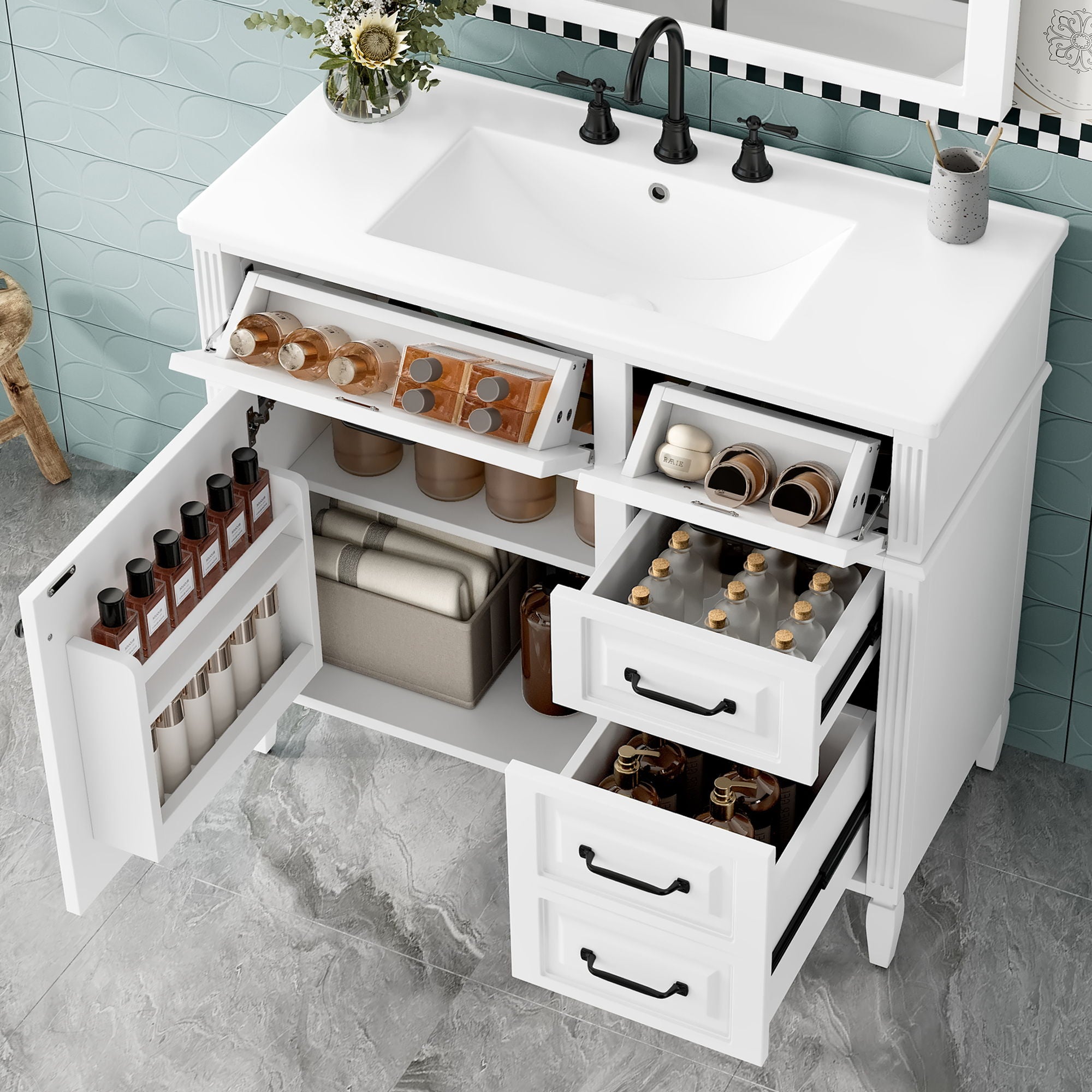 Modern Bathroom Vanity With Sink Top, Flip Drawer Design