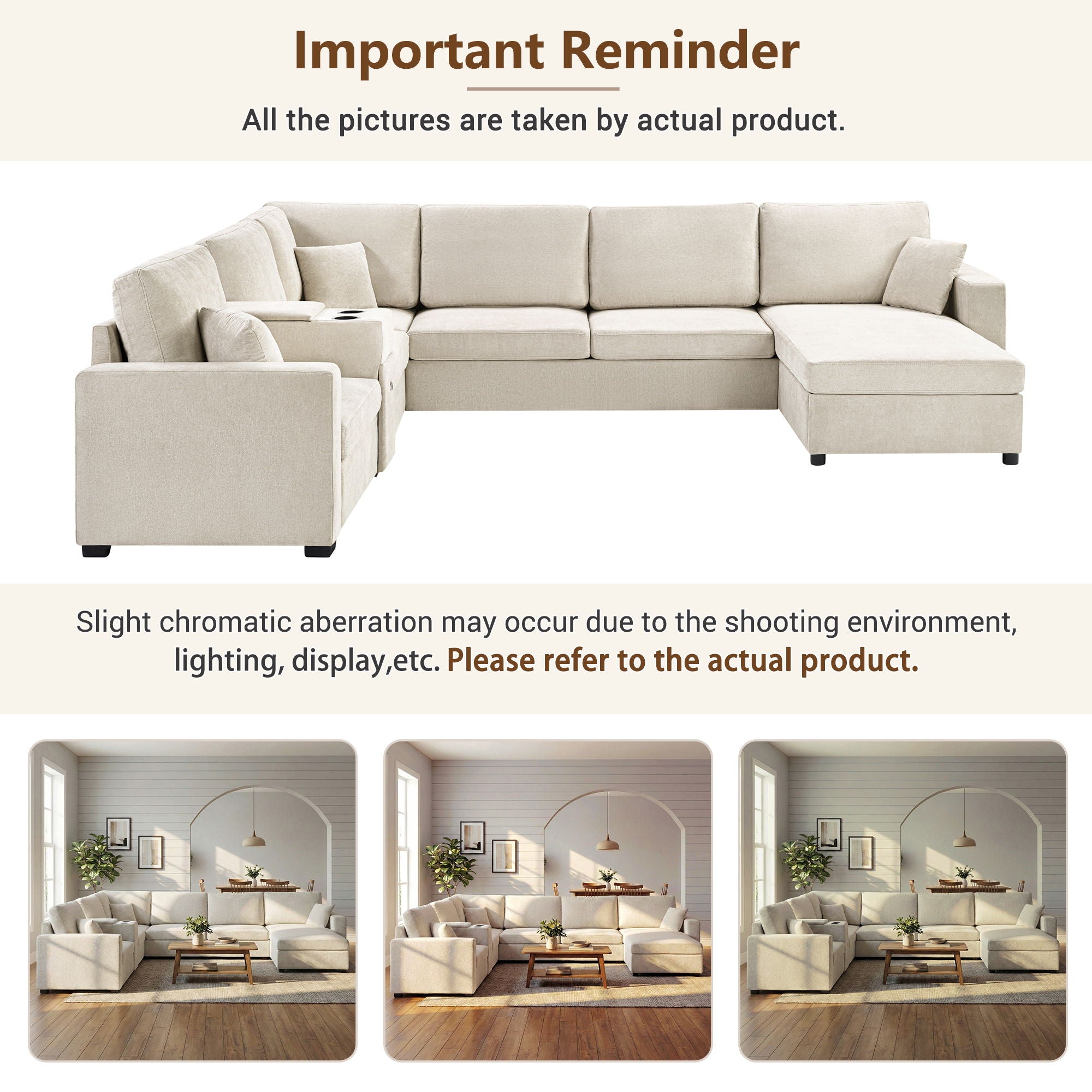 Modular 5 Seat U-Shape Sectional Sofa With Chaise Lounge, Built In Cup Holders And Storage Drawer