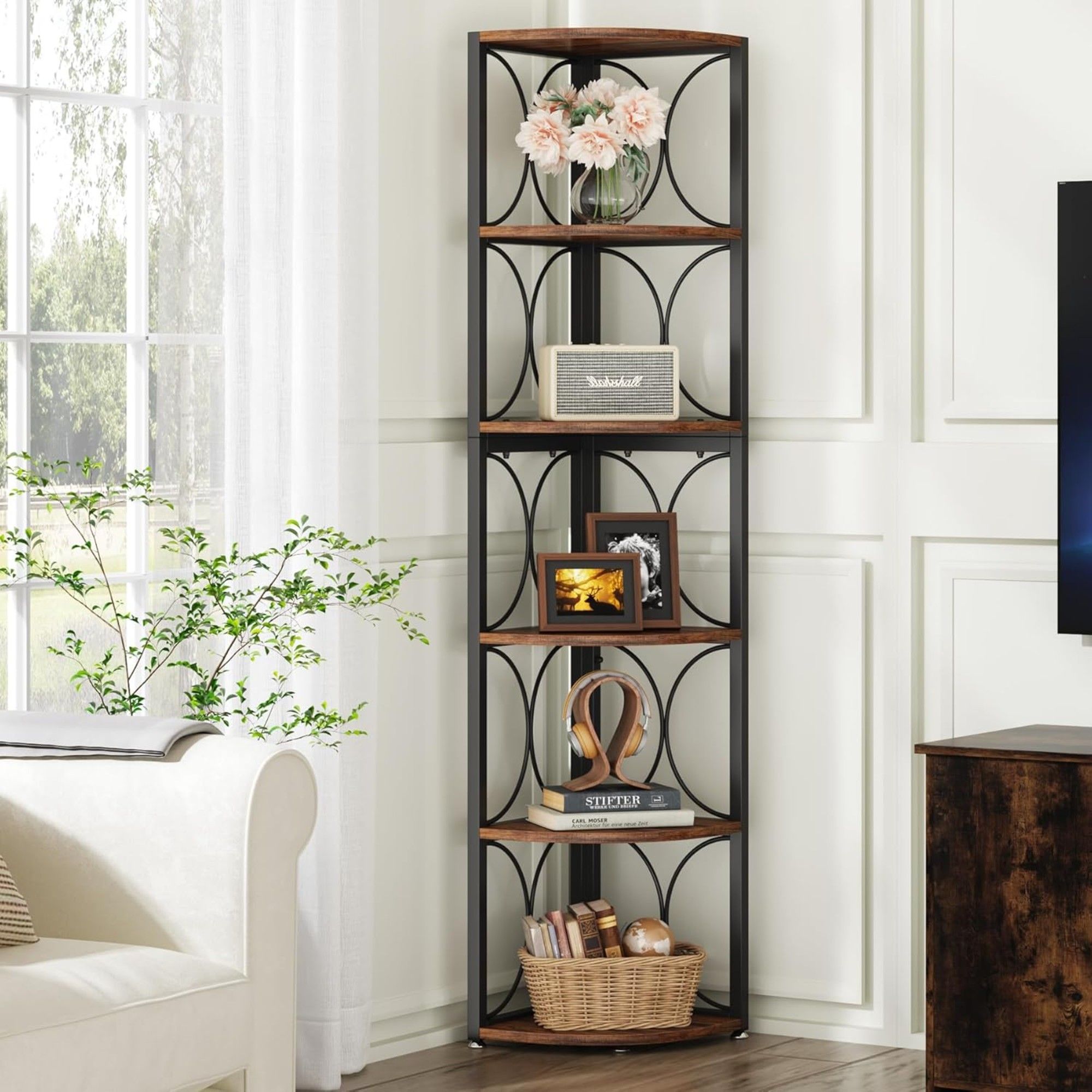 Tall 6 Tier Corner Bookshelf Storage Rack For Living Room - Rustic Brown