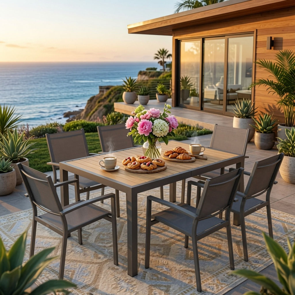 7 Piece Gray Patio Dining Set With Hdps Table And Textilene Chairs For Outdoor Use, Metal Furniture