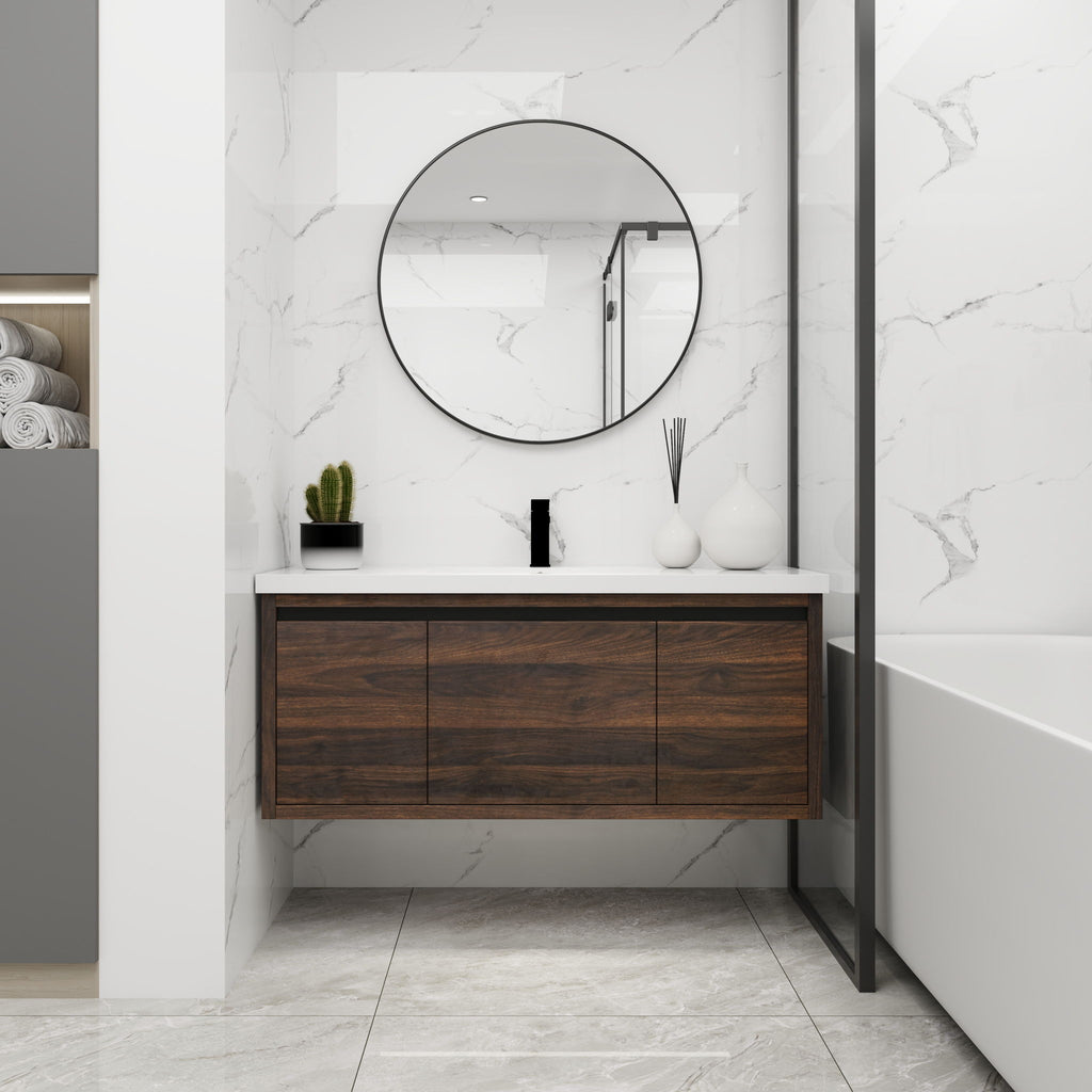 Floating 48" Bathroom Vanity With Resin Sink And Soft Close Doors California Plywood - California Walnut