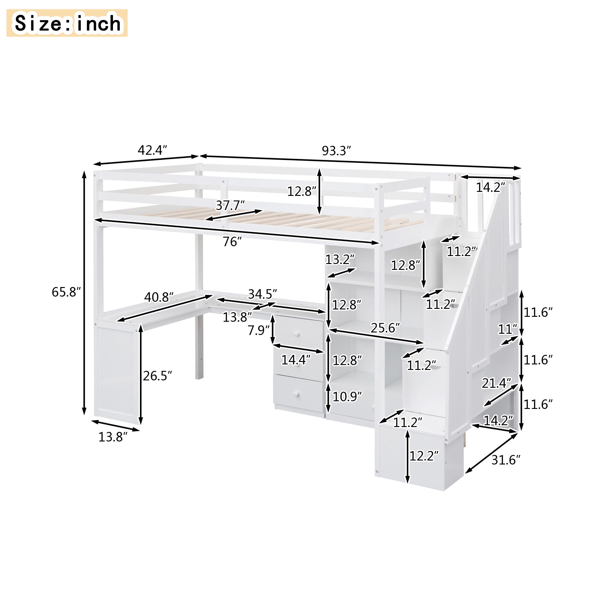 Loft Bed With L Shaped Desk, Drawers, Cabinet, And Storage Staircase