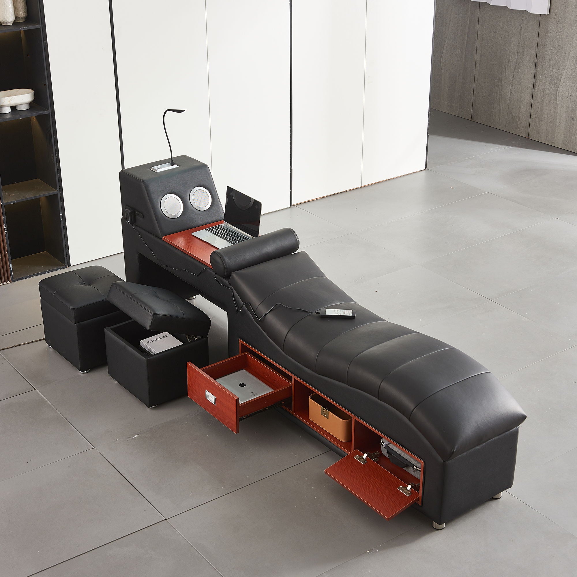 Multifunctional Upholstered Storage Bed Frame, Massage Chaise Lounge On Left