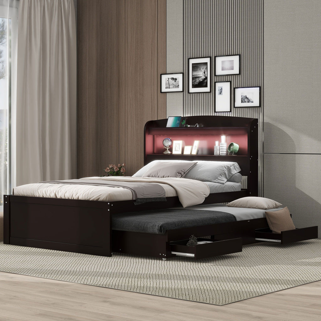 Platform Bed With LED Headboard, Charging Station, Trundle And 2 Drawers