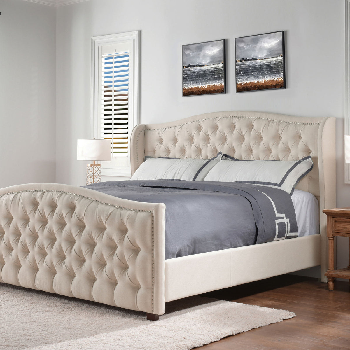 Marcella - King Upholstered Shelter Headboard Bed Set - Beige