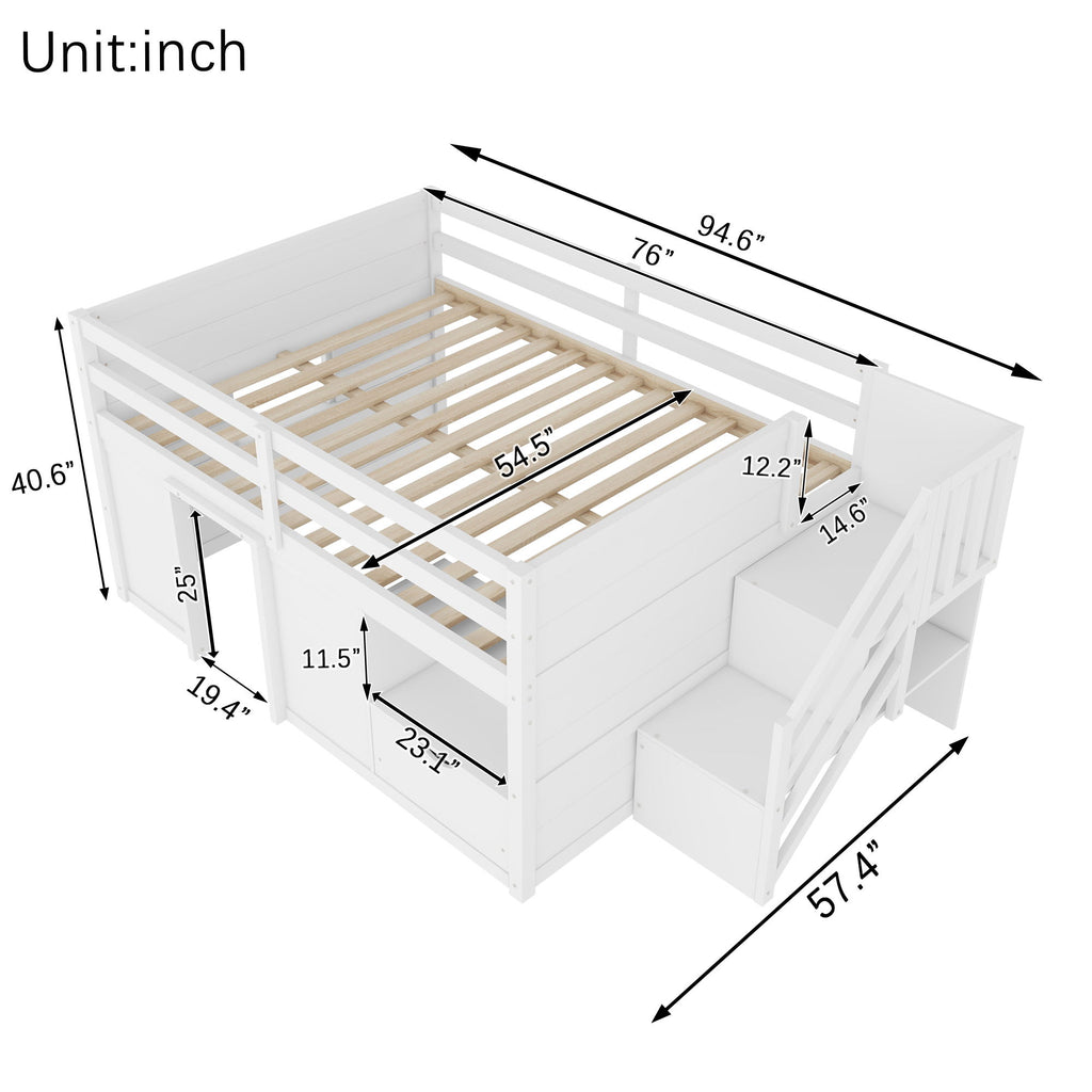 Low Loft Bed Frame With Built In Stairs, Storage Drawer, Shelf And 7 Color LED Light