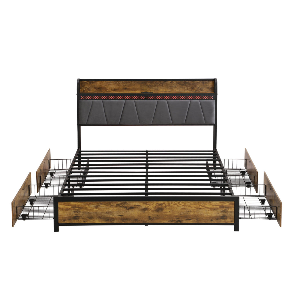 Contemporary Bed Frame With Storage Headboard, Charging Station, LED Lights