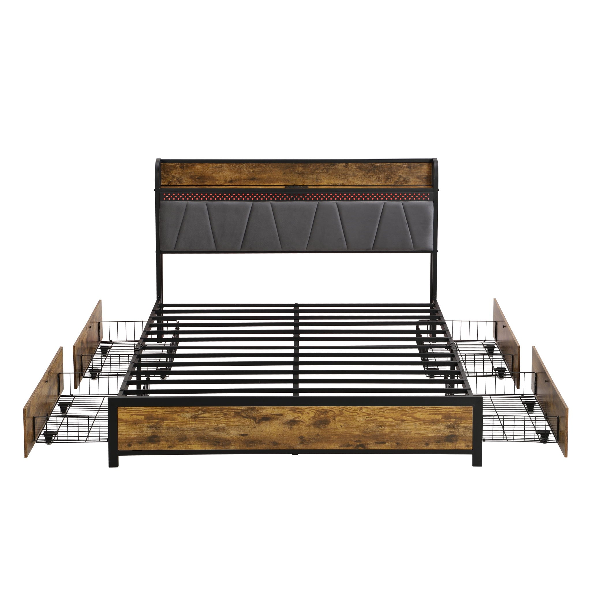 Contemporary Bed Frame With Storage Headboard, Charging Station, LED Lights