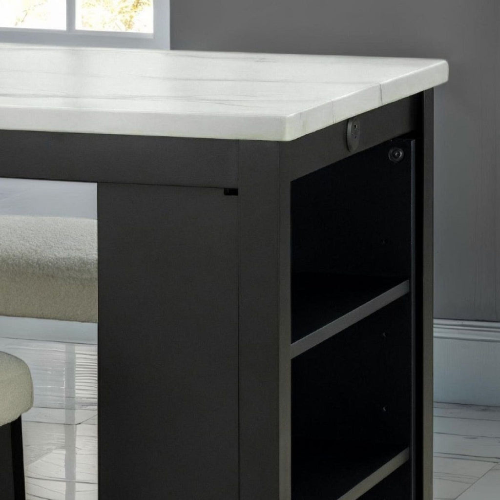 Dining Table Set With Storage Shelves, 3 Piece With 2 Stools - Black / Ivory / White