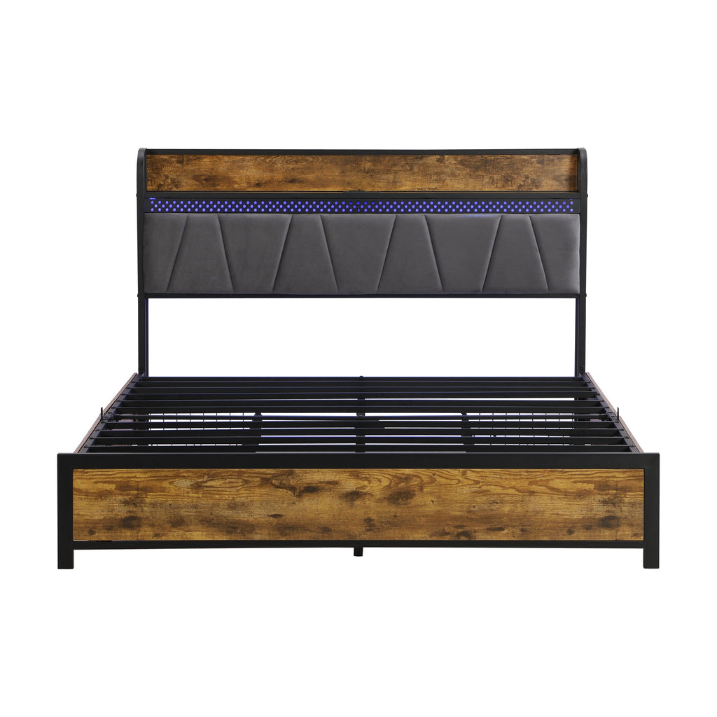 Contemporary Bed Frame With Storage Headboard, Charging Station, LED Lights