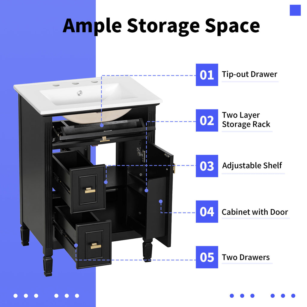 Bathroom Vanity With Sink, Flip Drawer, 2 Drawers, Adjustable Shelf