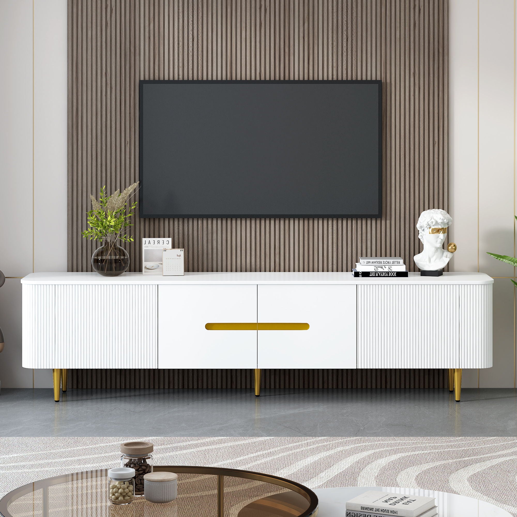 TV Stand For TVs, Media Console With 4 Spacious Cabinets For Living Room