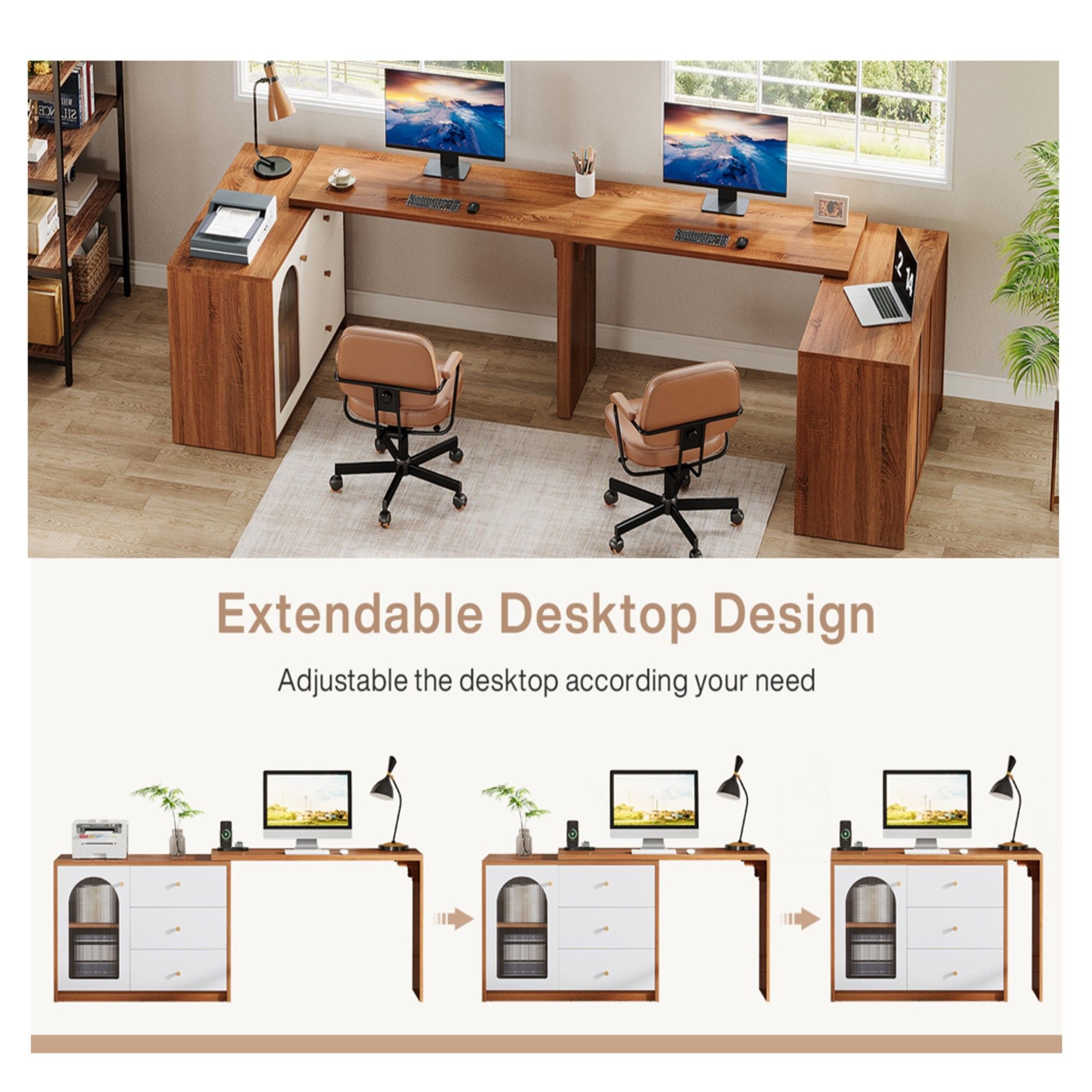 L - Shaped Computer Desk With Drawers, Reversible Corner Workstation For Home Office - Brown / White