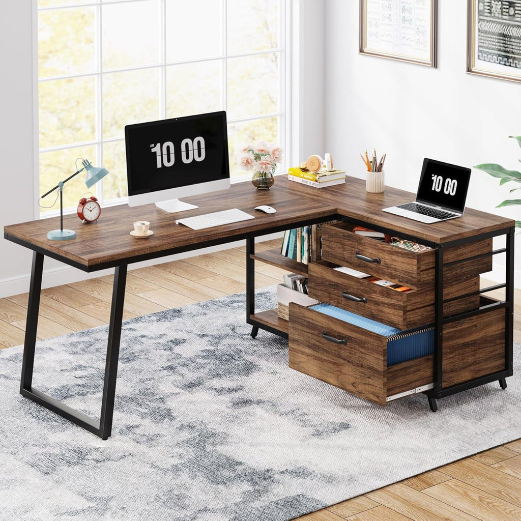 L-Shaped Computer Desk With 3 Drawers And Storage Shelves, Reversible Corner Workstation For Small Rooms - Brown / Black