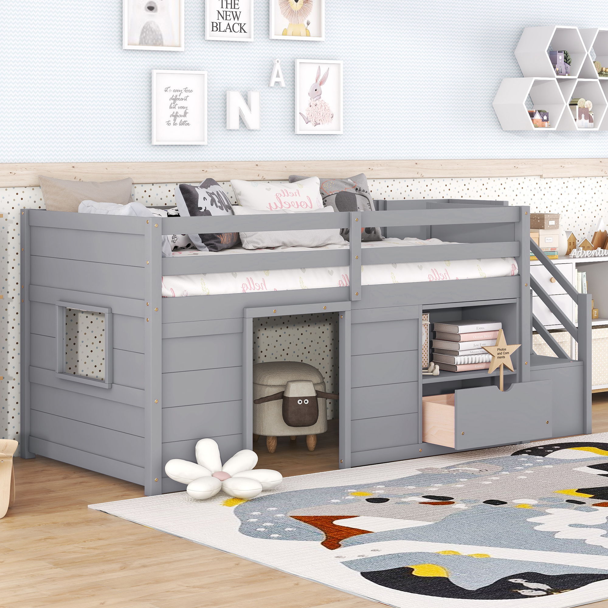 Low Loft Bed With Stair, Drawer, And Shelf