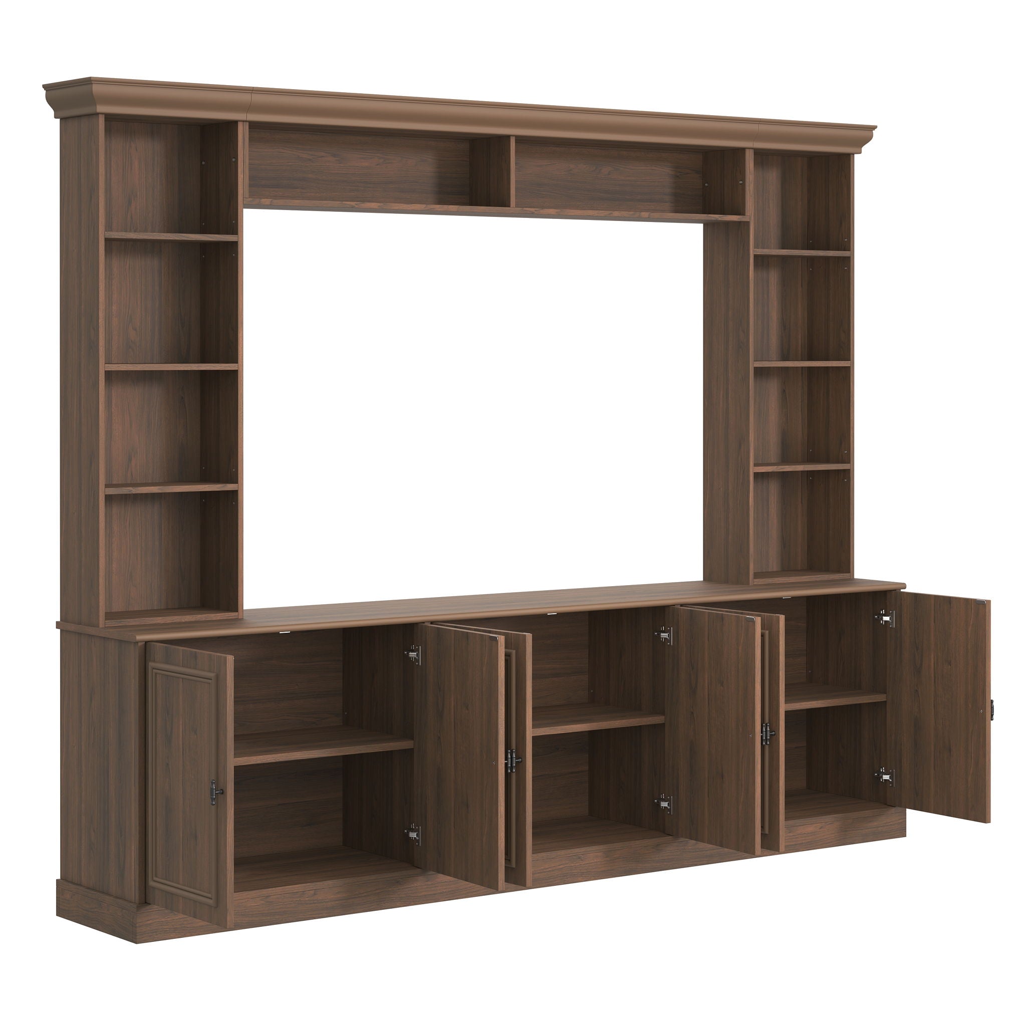 4 Piece Wall Unit Entertainment Center With Bookshelf, TV Stand With Adjustable Shelf For Living Room - Walnut