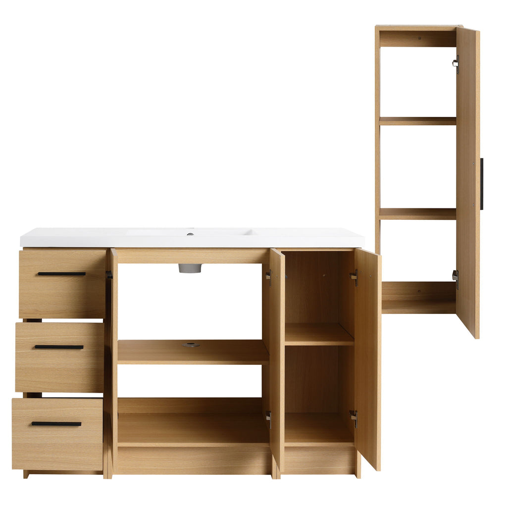 Freestanding Bathroom Vanity Set With Tall Side Cabinet, 3 Drawers And 3 Door Cabinet, Integrated Sink, Large Storage - Glossy White / Light Oak