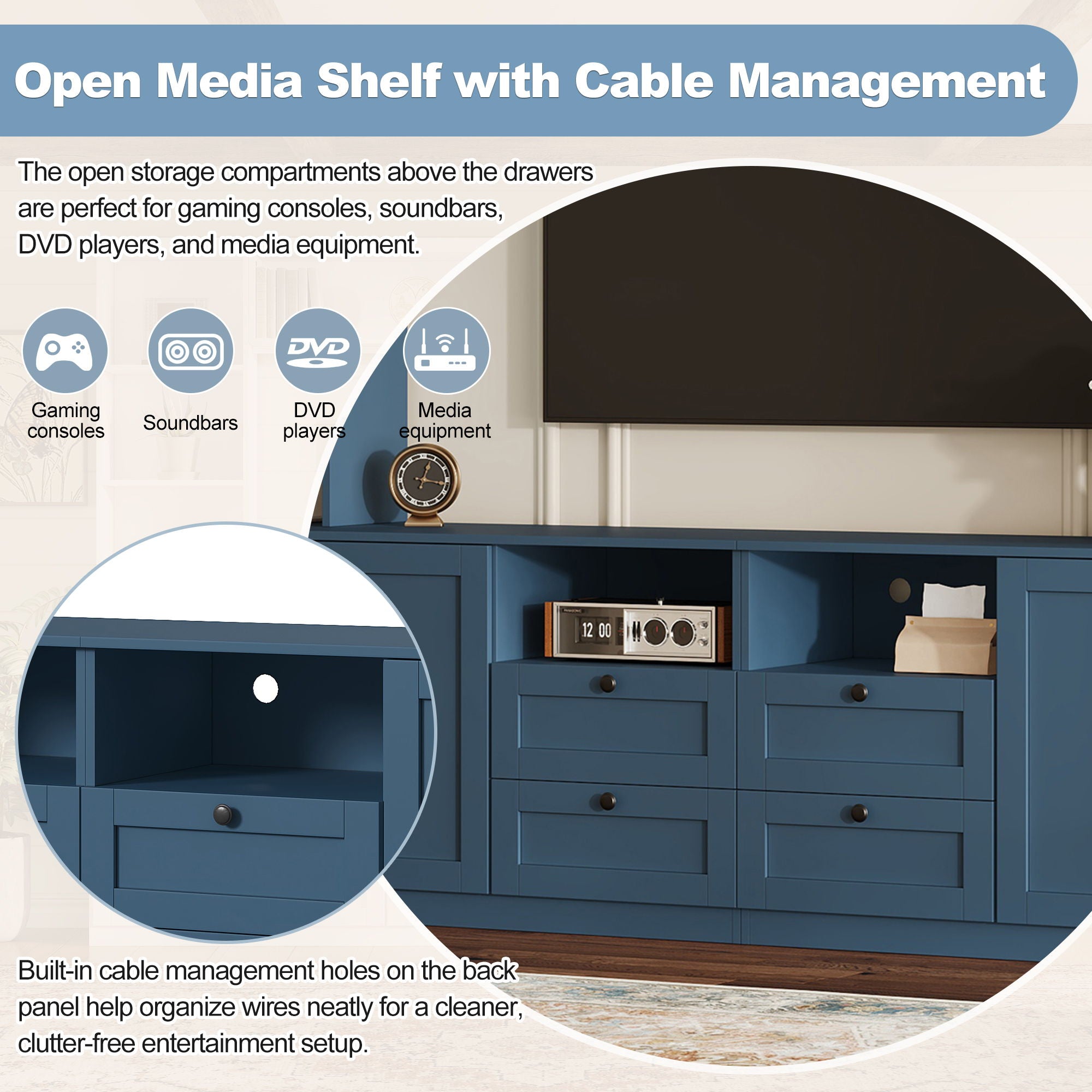 Farmhouse Elegant Entertainment Center Wall Unit With 4 Drawers