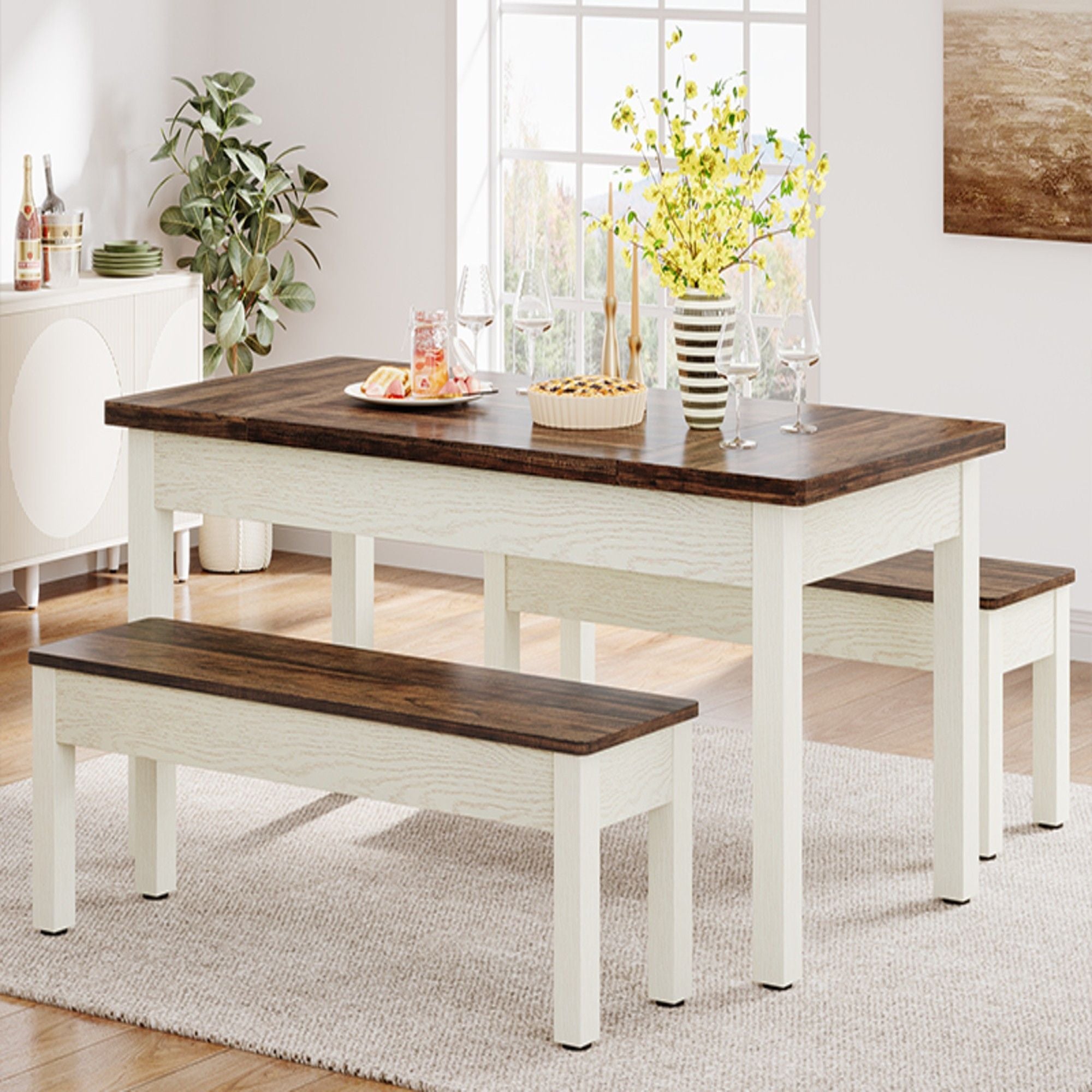 Dining Table Set For 4 - 6 With 2 Tuck Under Benches - Brown / White