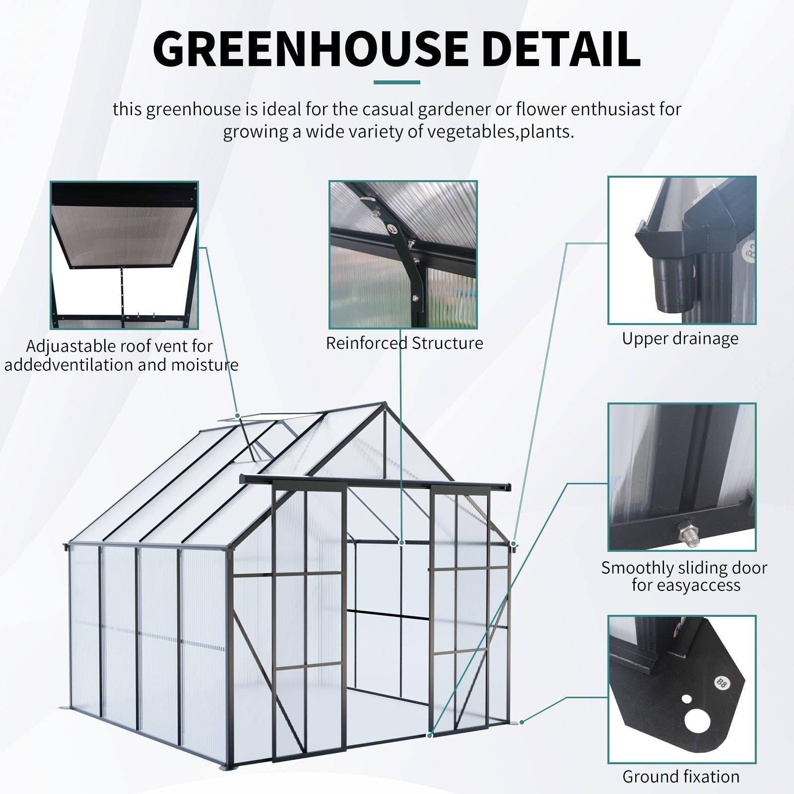 Double Door Polycarbonate house Raised Base And Anchor Aluminum Heavy Duty Walk In houses For Outdoor Backyard In All Season