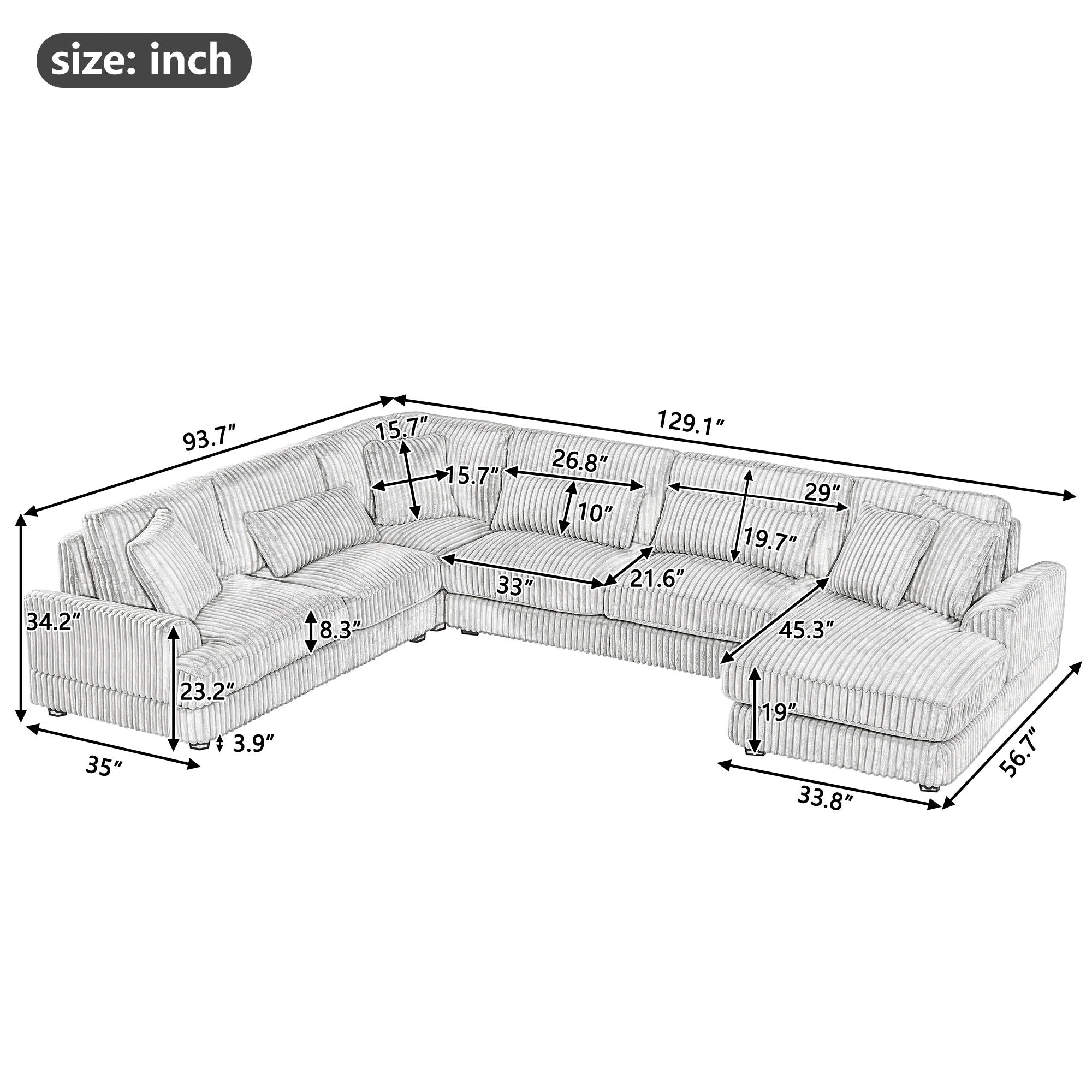 U - Shaped Sectional Sofa With Chaise Lounge, Oversized Living Room Sofa - Gray